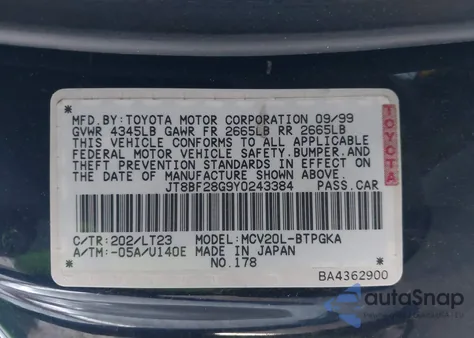 2000 Lexus Es 300 из США, поврежденный, VIN JT8BF28G9Y0243384